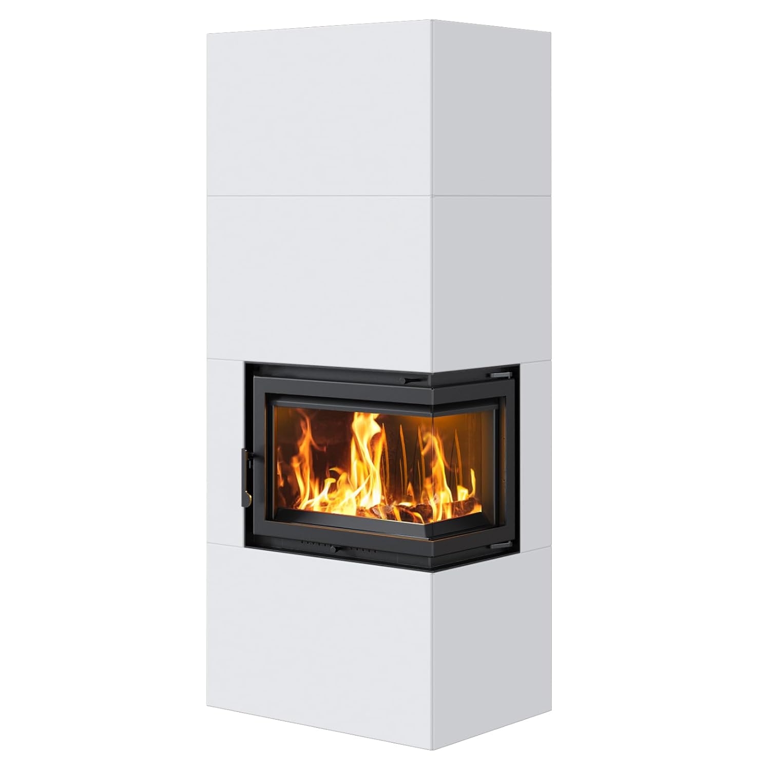 Kratki Home Simple Box Kamin-Ofen Stahl-Verkleidung weiß 2-Seitig Türanschlag rechts Fertig-Bausatz 8kw Bauart 2 200mm Agbasstutzen-Durchmesser BImSchV 2